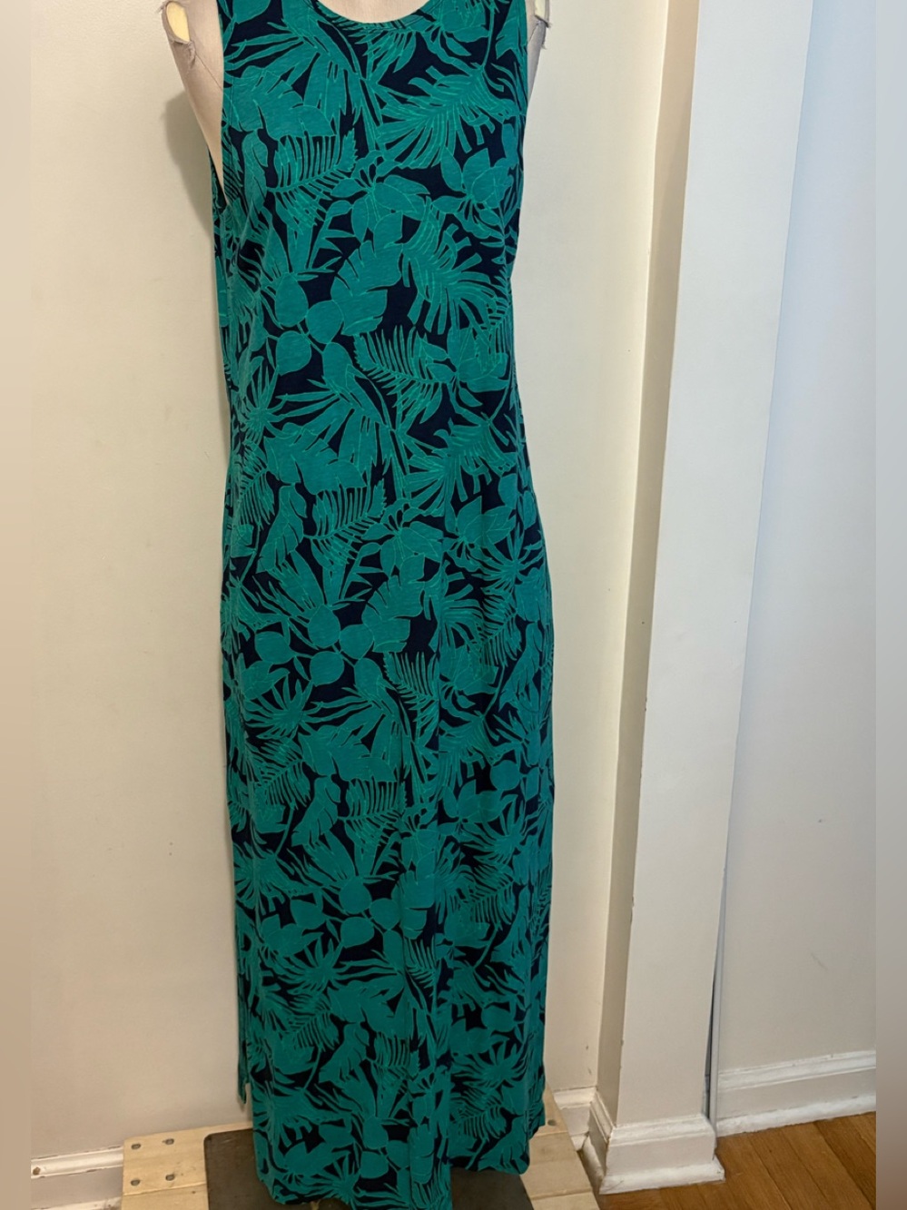 Lands' End Teal & Navy Tropical-Print Maxi Dress medium